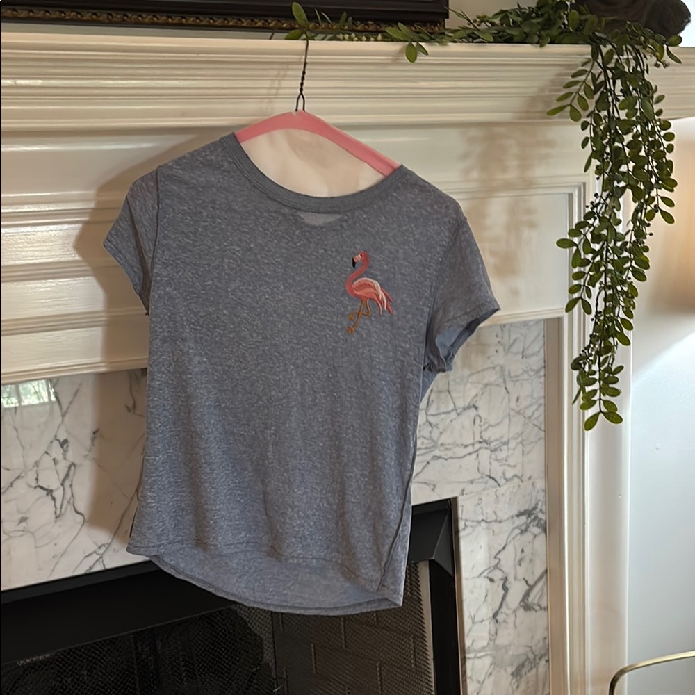 We The Free Gray Short Sleeve Tee with Pink Flamingo
